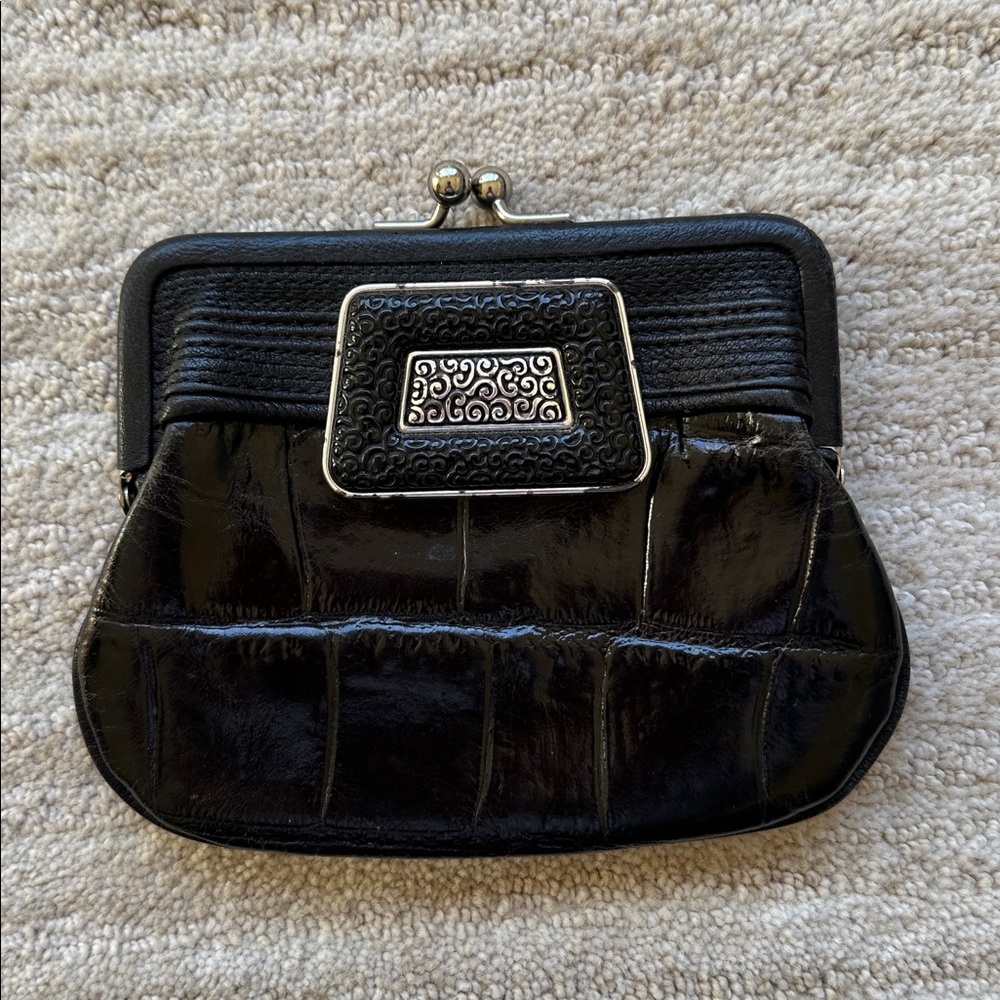 Vintage Brighton Black Leather Croc Framed Kisslock Coin | Mini Purse Pouch